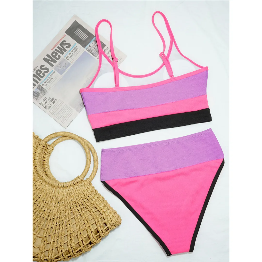 Neuer gerippter, zweiteiliger Damen-Bikini mit hoher Taille, Badeanzug, zweiteiliges Bikini-Set, Badebekleidung, Damen-Badeanzug V2238 – Detail 33