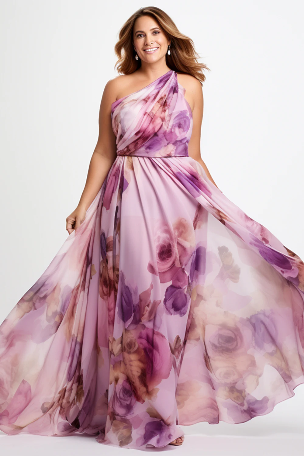 

Flycurvy Plus Size Wedding Guest Purple Chiffon Floral Print One Shoulder Maxi Dress