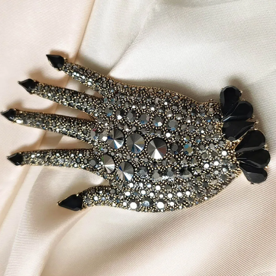 Zlxgirl Statement punk Ghost hand shape big brooches jewelry of man gift fashion Gray Rhinestone crystal pin broches scarf pins