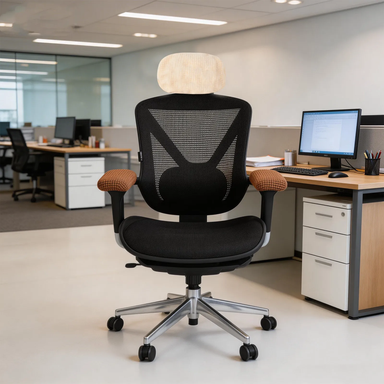 2Pcs Elastic Office Chair Headrest Cover Computer Chair Headrest Protector Recliner Ergonomic Cushion Sleeve Beige