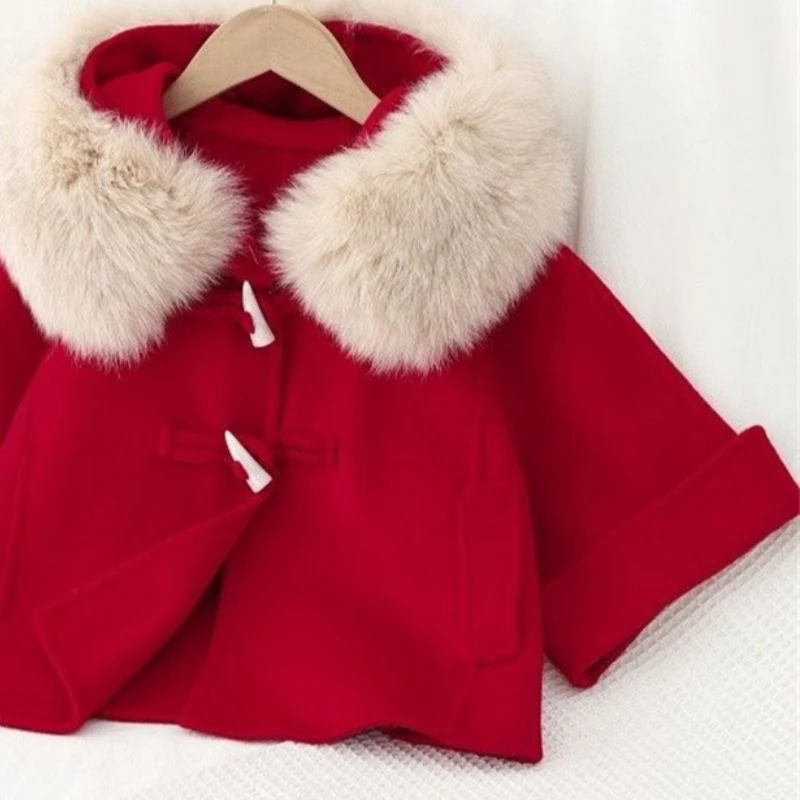 Girls Woolen Coat Jacket Windbreak 2023 Red Warm Thicken Winter Cotton Overcoat Christmas Teenagers Children's Clothing