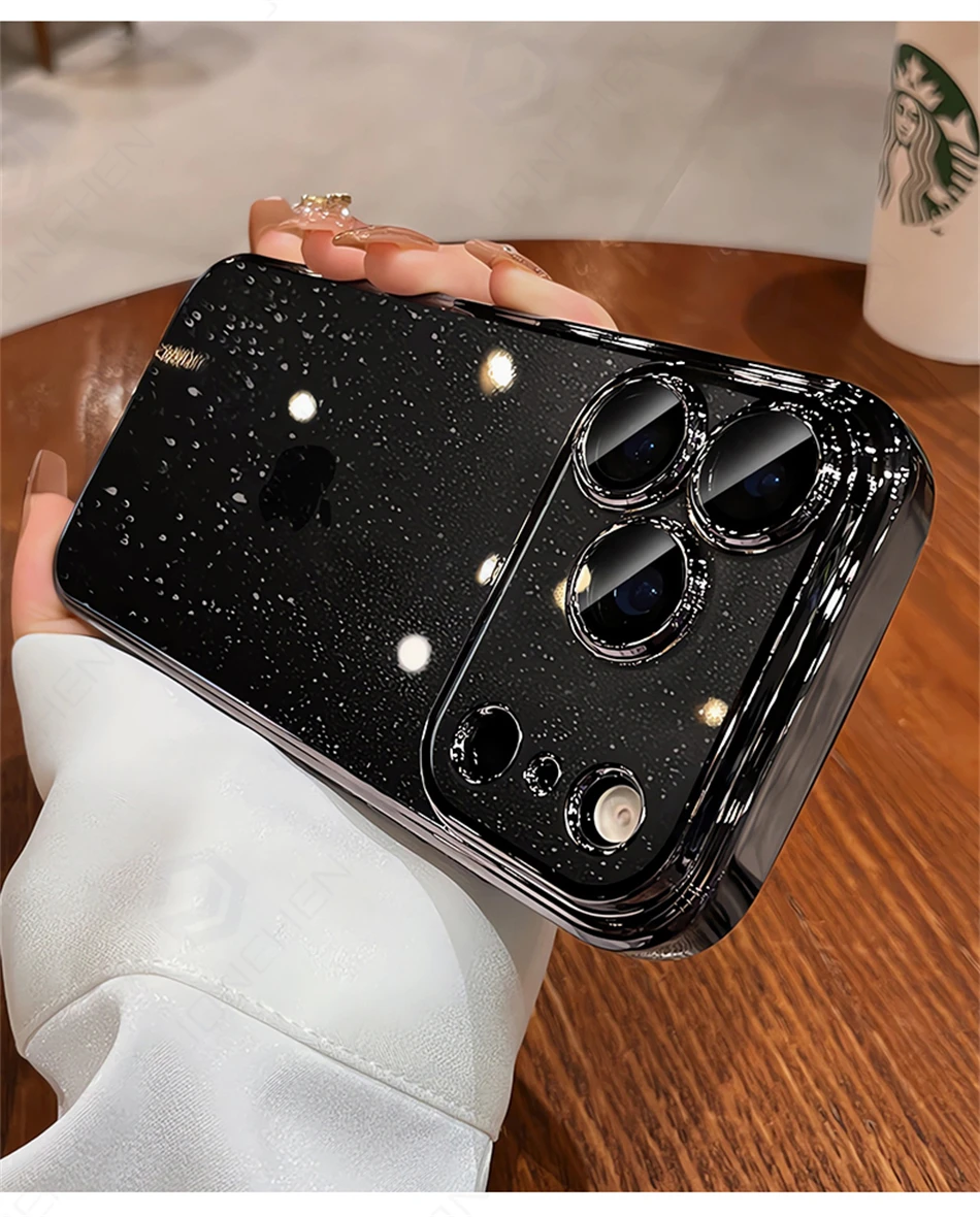 Luxuriöse Transparente Glitzer-Schutzhülle für iPhone 12 13 14 15 16 17 18 Pro Max mit Orangefarbener Beschichtung, Stoßfänger und Hartglas-Objektivabdeckung – Detail 9