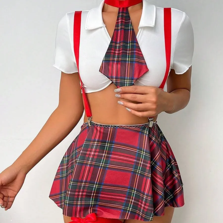 

Women Sexy School Girl Exotic Costumes Babydoll Sexy Lingerie Suspender Tops and Plaid Skirt Set Student Uniform Role Play