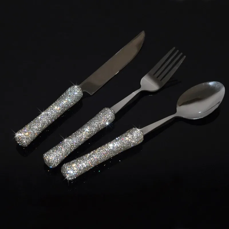 Luxury Rhinestone Spoon Fork Knife Set 304 Stainless Steel Cutlery Tableware Sparkling Diamond Flatware Dinnerware Set With Case