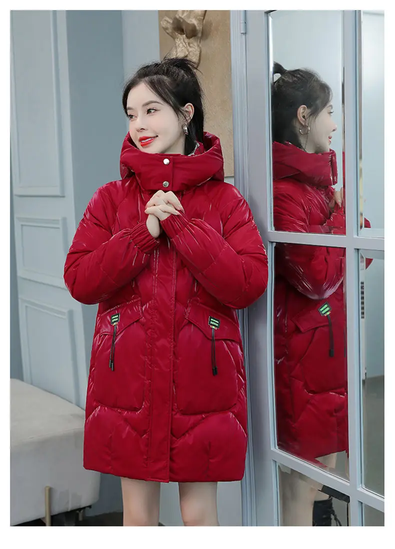 2026 Winter New Gloss Cotton Jacket Women's Medium to Long Korean Loose Coat Lady Thick Hooded Coats Female Warm Parker Overcoat