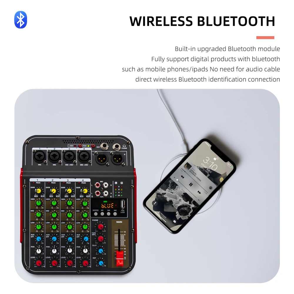 6 Channel Audio Mixer USB Interface 48V Phantom Power with effects Audio mixing recording Mixing Console Portable