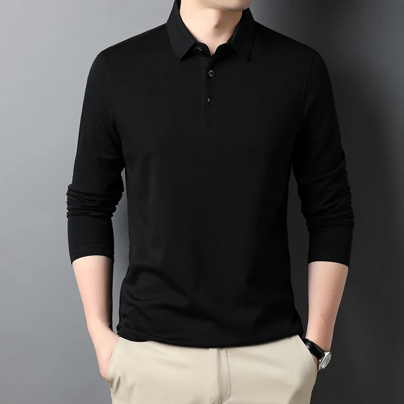 New Wool Men's Polo Shirts Luxury Long Sleeve Solid Color Casual Man Polo Shirts Spring Autumn Simple Classical Male Tees 3XL