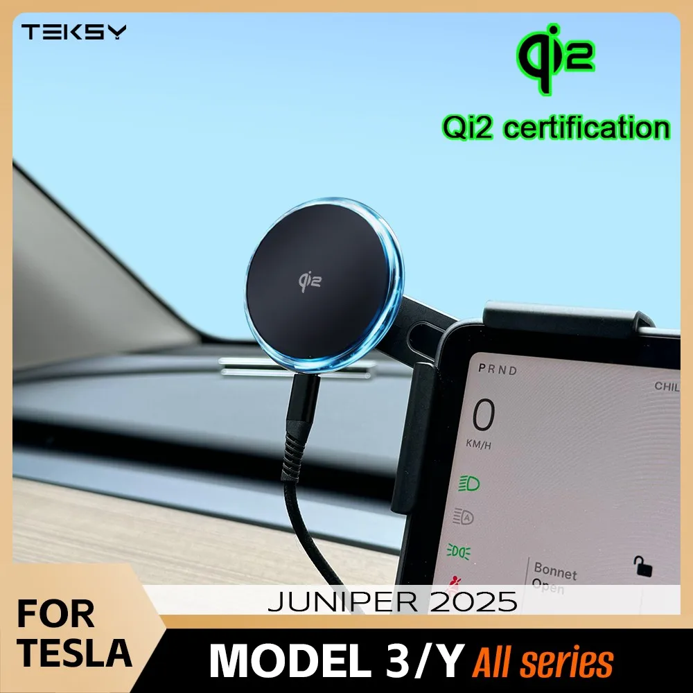 Qi2 15W 마그네틱 무선 충전기 폰 홀더 스크린 마운트 MagSafe 호환 아이폰용 테슬라 모델 Y 주니퍼 출시