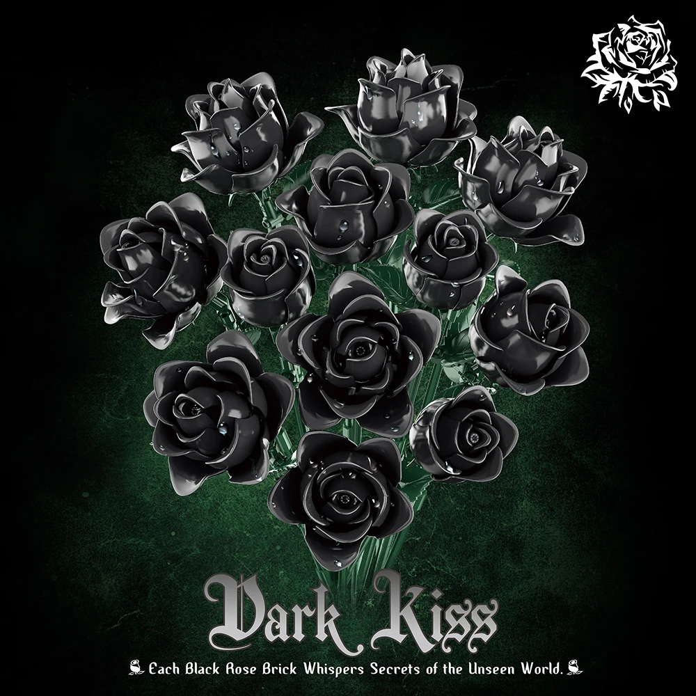 12개의 검은 장미 꽃 블록 세트 성인용 부케 디스플레이 모델 고딕 플로럴 장식 로맨틱 선물 홈 데스크 장식 장난감