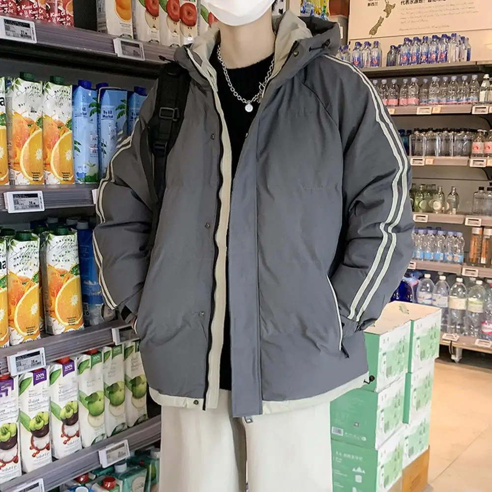 

For Daily Winter Men Cotton Jacket Patchwork Color Long Sleeve Padded Coat Windproof Warm Cotton Zipper Placket Hooded Outwear