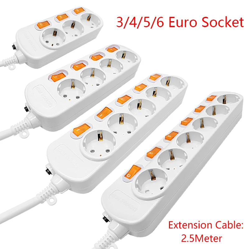 Extension Socket EU Plug 16A 250V 3/4/5/6Ways German Outlet Switch Surge Protector Europe Power Strip 2.5Meter Cord