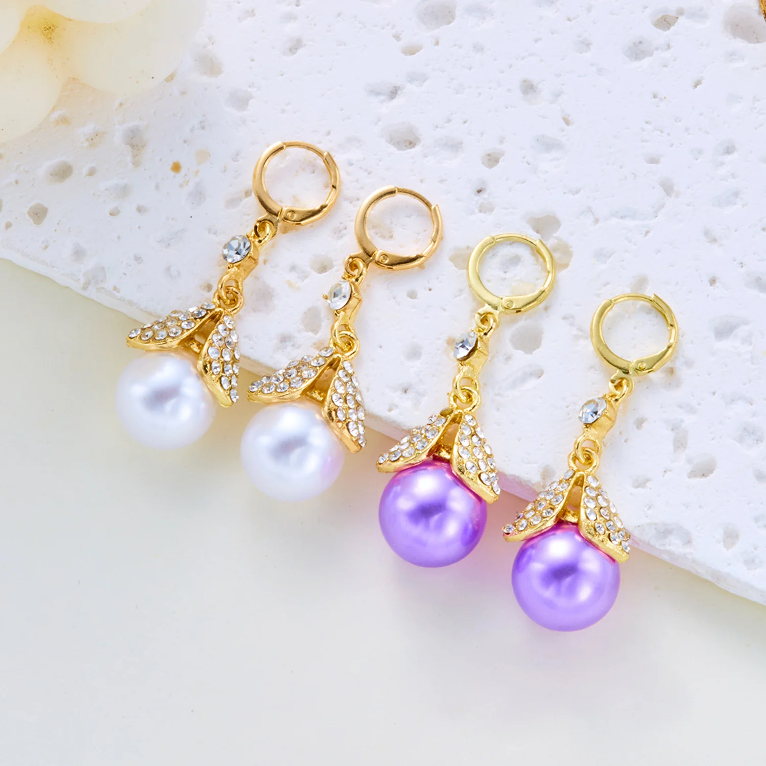 Luxuriöse Blumen-Tropfen-Ohrringe für Frauen, exquisites Zirkon-Intarsien-Blatt, vielseitiger Schmuck für den täglichen Gebrauch, lila Imitationsperlen-Ohrringe – Detail 9
