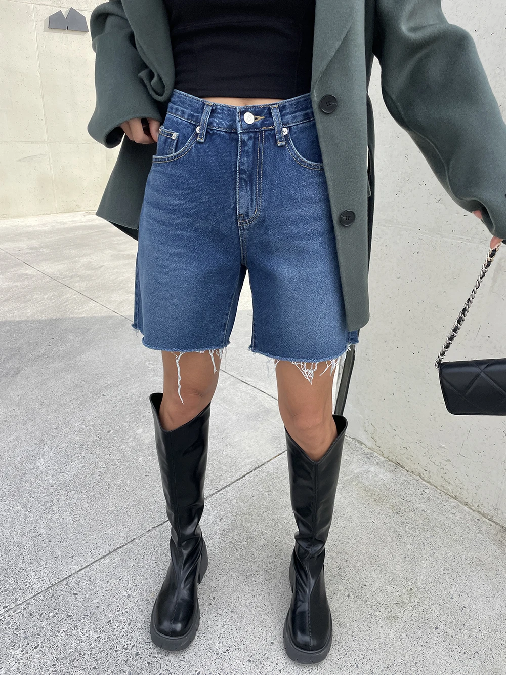 Neue 2024 sommer Hohe Taille Denim Shorts Für Frauen Taschen Grate Blau Farbe Kurze Jeans Frauen Streetwear Casual frauen Shorts