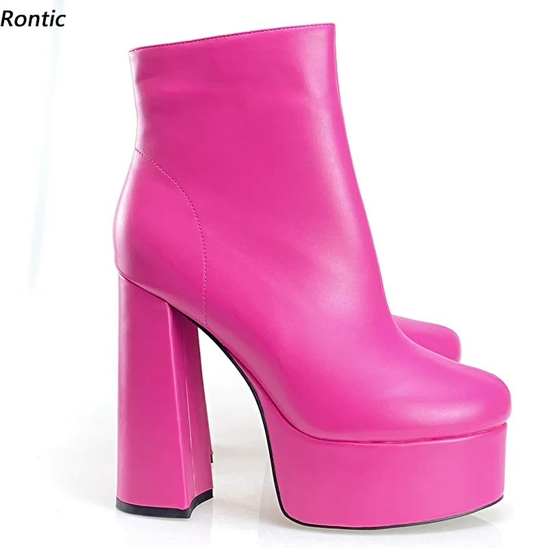 

Rontic/высококачественные женские ботильоны на платформе, короткие плюшевые туфли на массивном каблуке с круглым носком, красивые красные вечерние туфли цвета фуксии, размер США 5-15