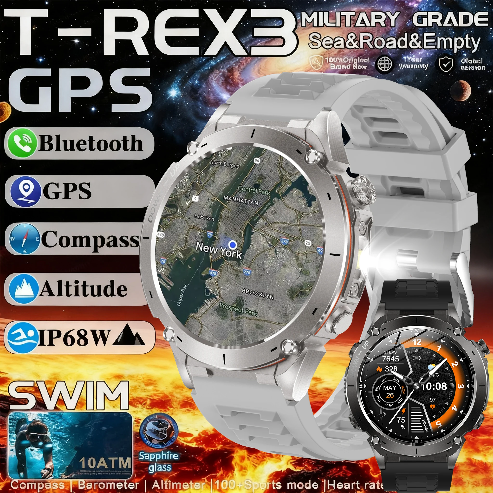

2025 T-REX3 730mAh Large Battery Durable Adult Smart Watch GPS Strong Flashlight 10ATM Waterproof BT Call Sports Smartwatch Men