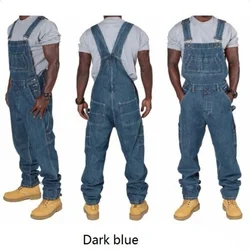 Men's Solid Color Jeans Overalls High Waist Denim Jumpsuits Oversized Pants Men's Labor Protection Work Clothing Sportswear