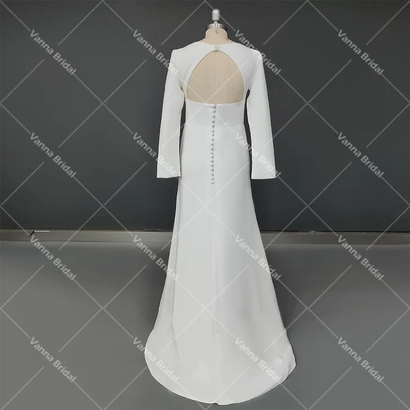 Boat Neck Racer Hollow Back Customized Wedding Dress SimpleLong Fitted Sleeves Sheath Crepe Satin Soft Bridal Gowns