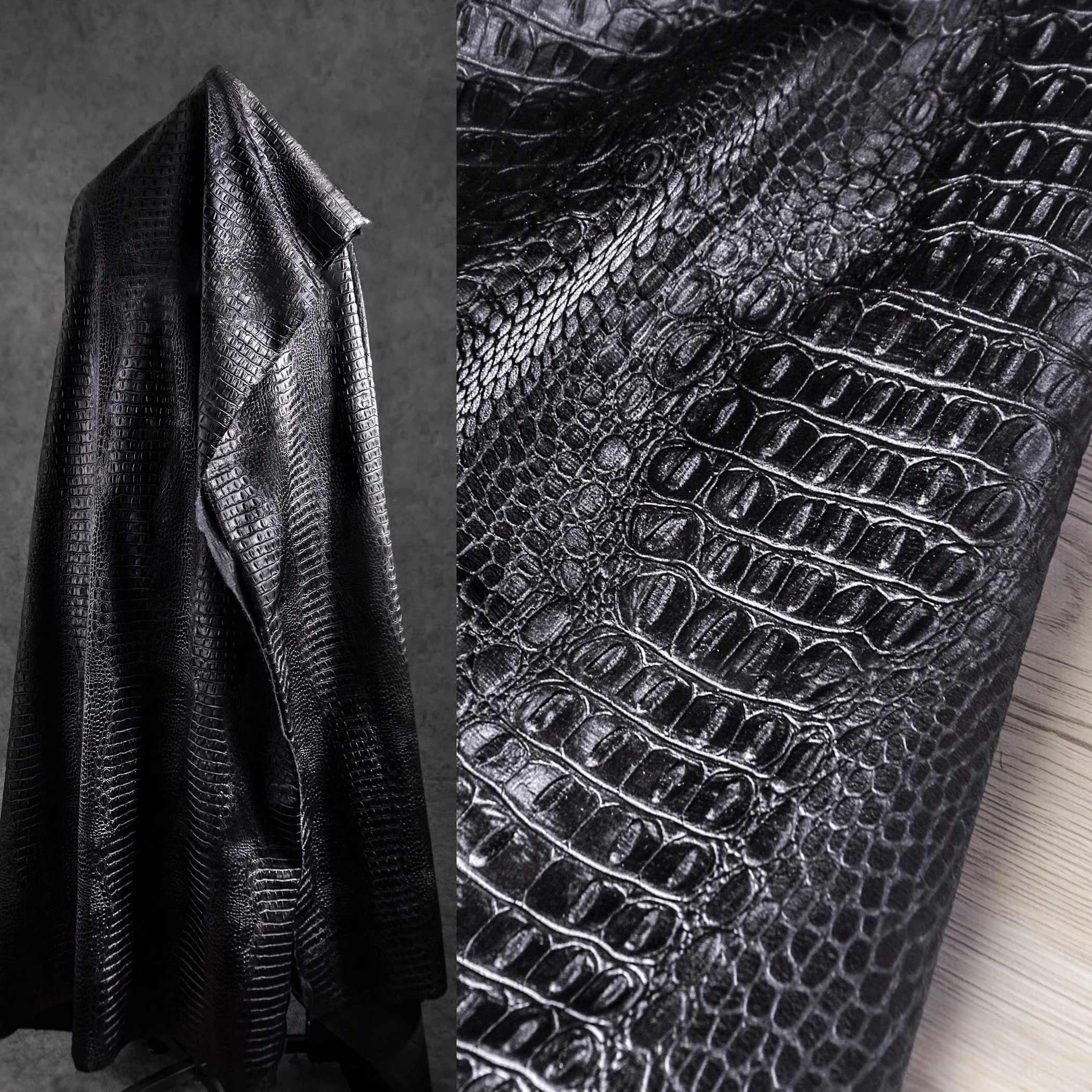 Black Italian crocodile three-dimensional texture leather cloth leather coat bag pu leather fabric