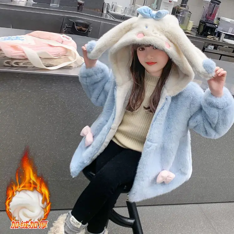 

Kawaii Cinnamoroll Kids Plush Jacket Hooded Anime Sanrios Cartoon Winter Girl Fashion Sweet Warm Mink Fur Hooded Coat Outdoors