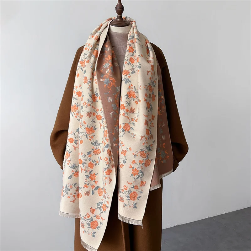 Elegant small floral double-sided scarf ladies autumn and winter small chinese-style printed imitation cashmere shawl thickened