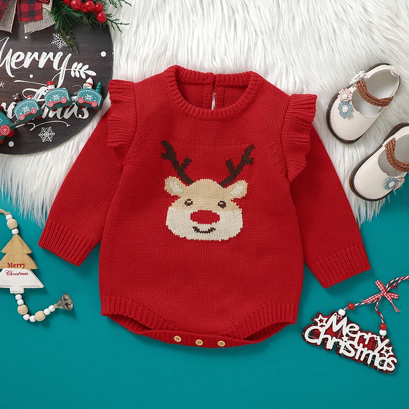 Baby Girls Christmas Romper Long Sleeve Crew Neck Deer Knit Romper Bodysuit Sweater for Casual Daily