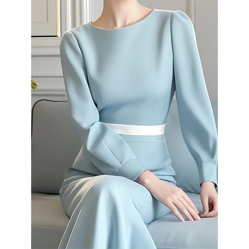 Otoño digno, elegante, estilo de diosa de alta gama, lujo ligero, sensación de alta gama, vestido boho azul para ocasiones formales