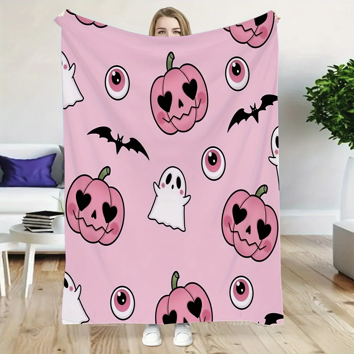 

Halloween-Themed Flannel Throw Blanket - Cozy & Soft, Pink Cartoon Pumpkin Bat Design, Perfect for Couch, Bed, Office