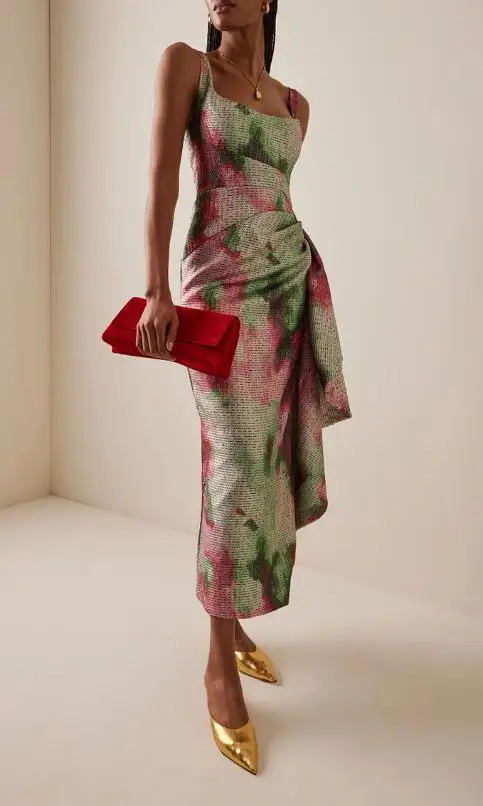 

Vacation Dress Woman 2025 Summer Y2K Niche Sexy Beach Camisole Dress U-Neck Retro Floral Tropical Print Pleated Slim Fit Dress