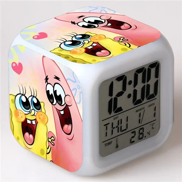 8cm Hot SpongeBob Alarm Clock Night Light Colorful Changing Alarm Clock With LED Flash Light Model Toy For Kid Student Gift