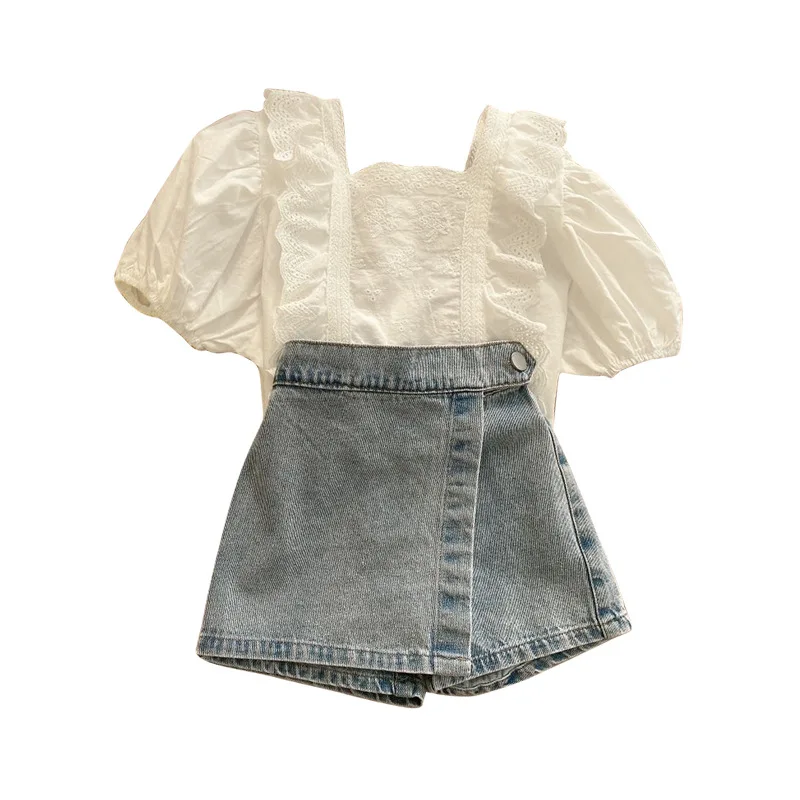 Summer Girls Clothing Sets Fashion Embroidered Hollow Lace Top Short Sleeve+ Personalized Culottes Short Jeans Child Kids Suit
