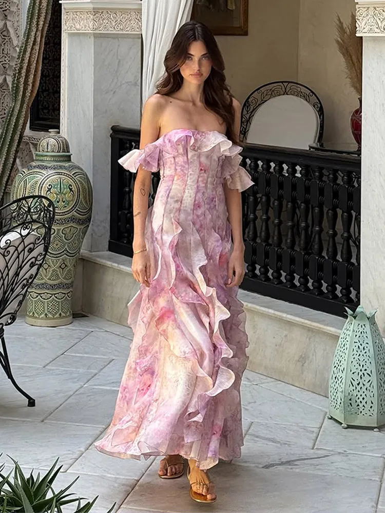 Elegante em camadas babados impresso vestido feminino chique fora do ombro cintura cinched vestidos longos 2025 verão festa à noite clube vestidos