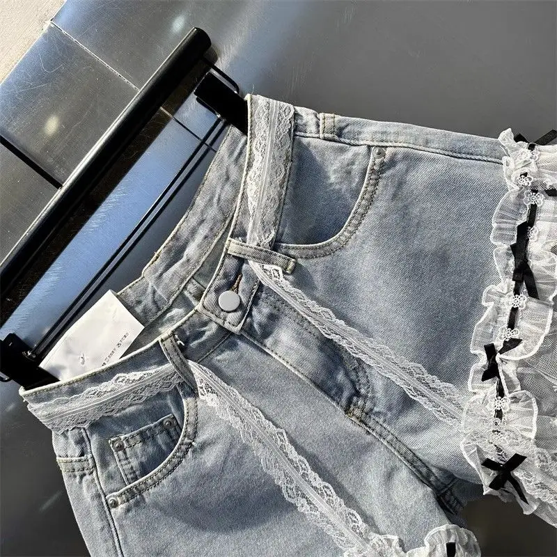 American Vintage Short Jeans Lace Patchwork Bodycon A-Line Wide Leg Hot Denim Shorts Women Streetwear Bowknot Spring Summer