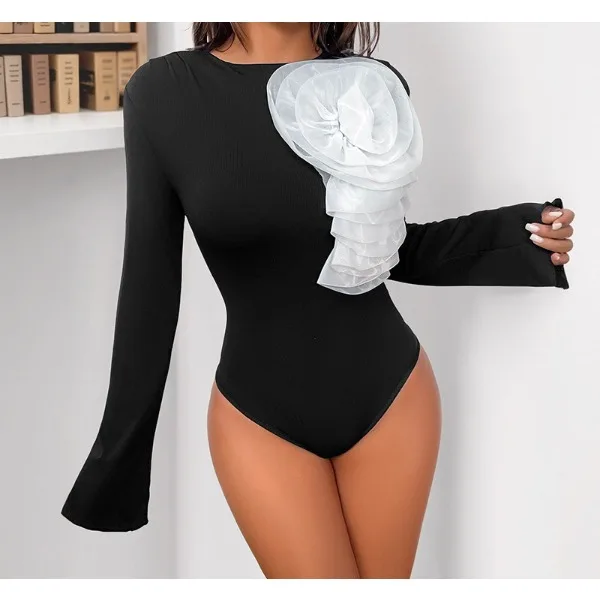 

Casual Jumpsuit Shorts Women 2025 Spring Sweet Style with Three Dimensional Flower Decor Black Long Sleeve Round Neck Bodysuit