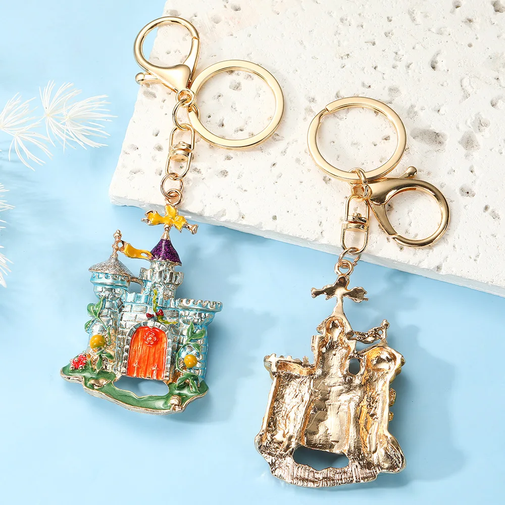 Vintage Fantasy Fairy Tale Castle Keychain Rhinestone Angel Castle Keyring Pendant Dream Fairy Tale Backpack Pendant Key Ring