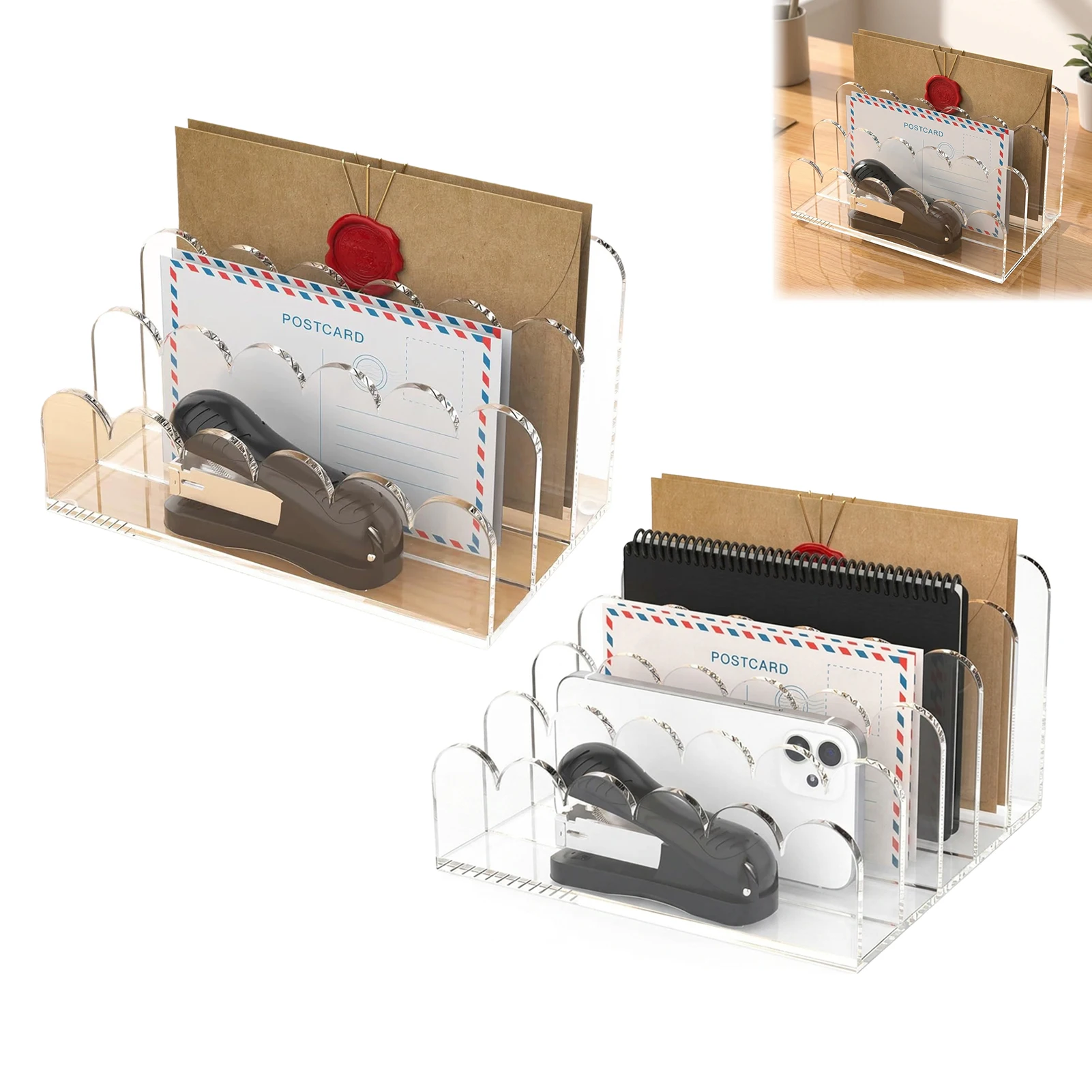 

Transparent Acrylic Fan Shaped Document Organizer Desk File Holder with Layered Compartments, Stable Base for Home Office
