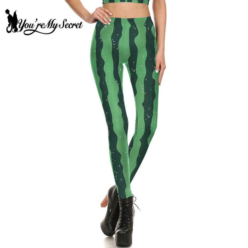 [You're My Secret] Women Funny Watermelon Print Leggings Green Striped Pattern Trousers Casual Mid Waist Pants Sport Yoga Bottom