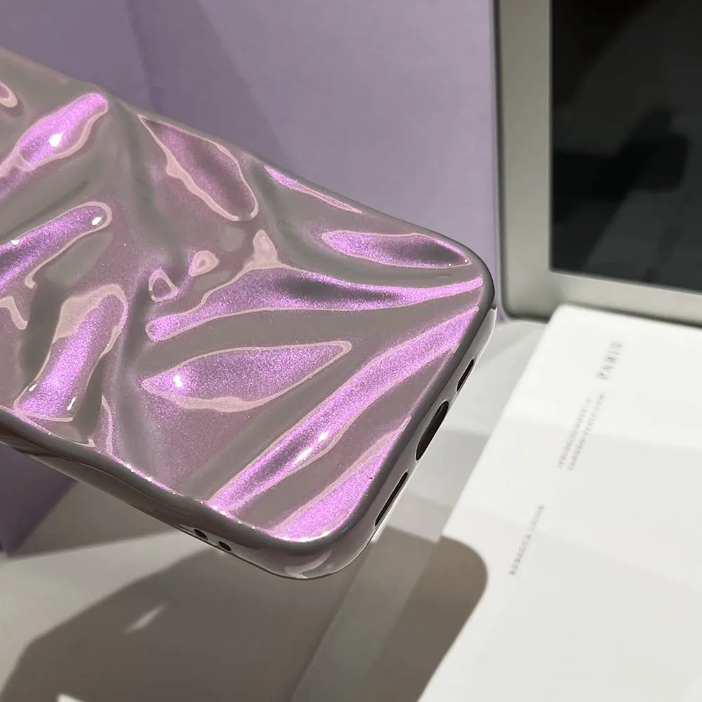 حافظة هاتف ملونة أرجوانية وردية لامعة متجعدة لهاتف آيفون 16 15 14 Plus 13 12 Pro Max 11 غطاء خلفي ناعم مقاوم للصدمات