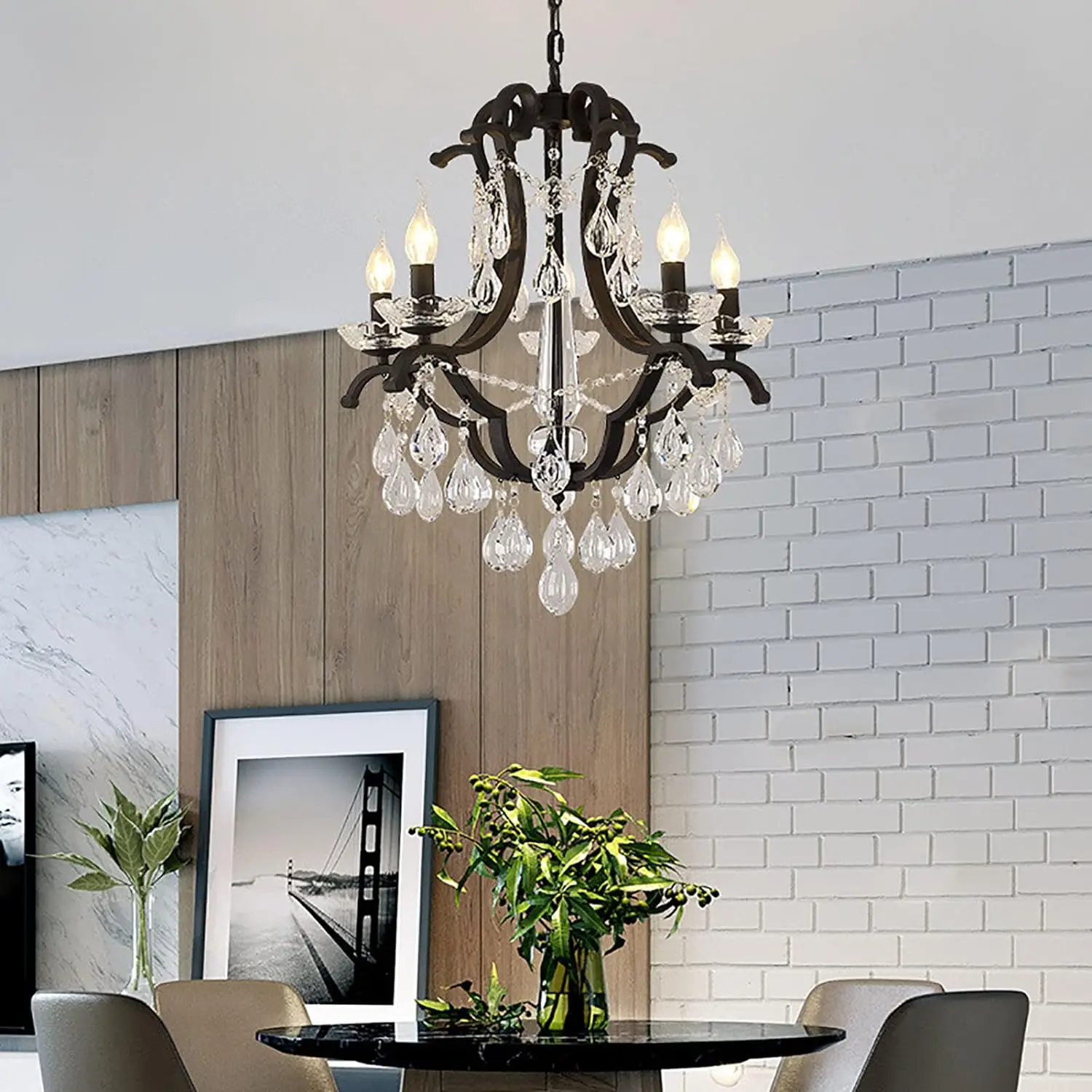 Modern Chandelier Ceiling Light Crystal Candle Holder Lamp Pendant Light Black Ceiling Vintage Hanging for Bedroom Dining