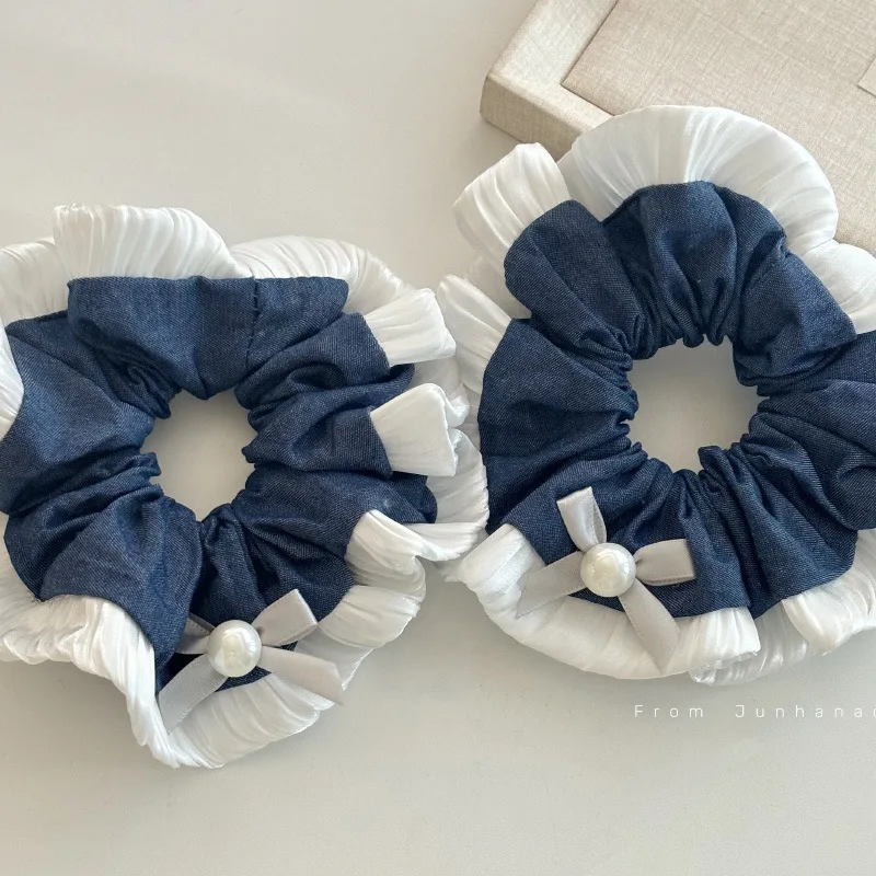 Женская джинсовая повязка на голову с пузырьковыми краями и голубым бантиком, модный аксессуар для волос в Корейском стиле