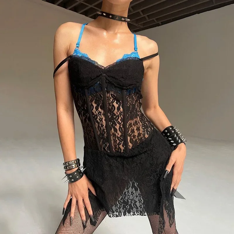 

Autumn new suspender see-through dress fashion sexy hot girl hip-covering short skirt elegant sexy party club clothing