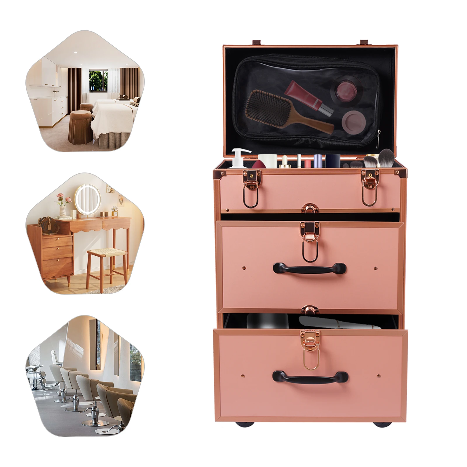 

Gold Aluminum Frame Rolling Makeup Case 3 Layers Universal Wheel Nail Tattoo Makeup Train Case with Drawer