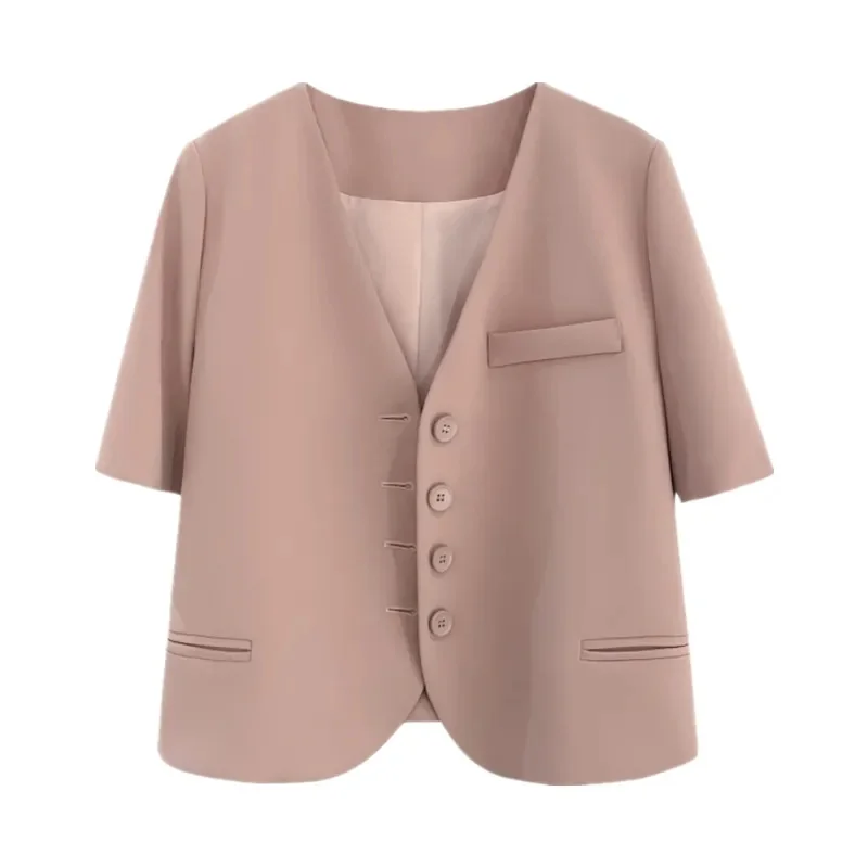 สีชมพูเล็กๆบางเสื้อสูทหญิง 2025 ฤดูร้อนใหม่Outwearแขนสั้นแฟชั่นBlazer Coat Joker Temperamentแจ็คเก็ตผู้หญิงเสื้อ