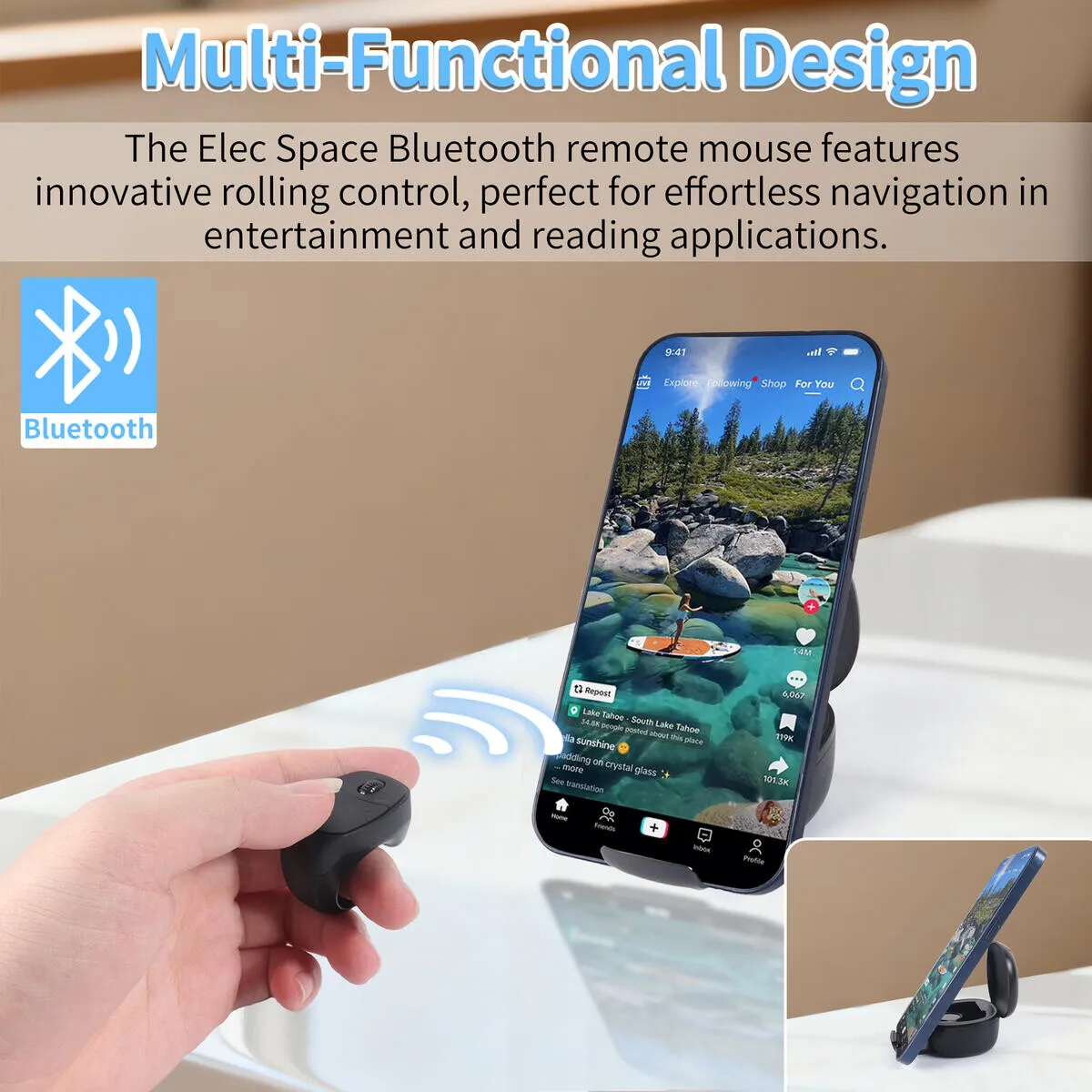 New Wireless Bluetooth Remote Control Bracket Roller Ring Mouse Novel Page Turning Selfie TikTok Video Browsing For Android IOS