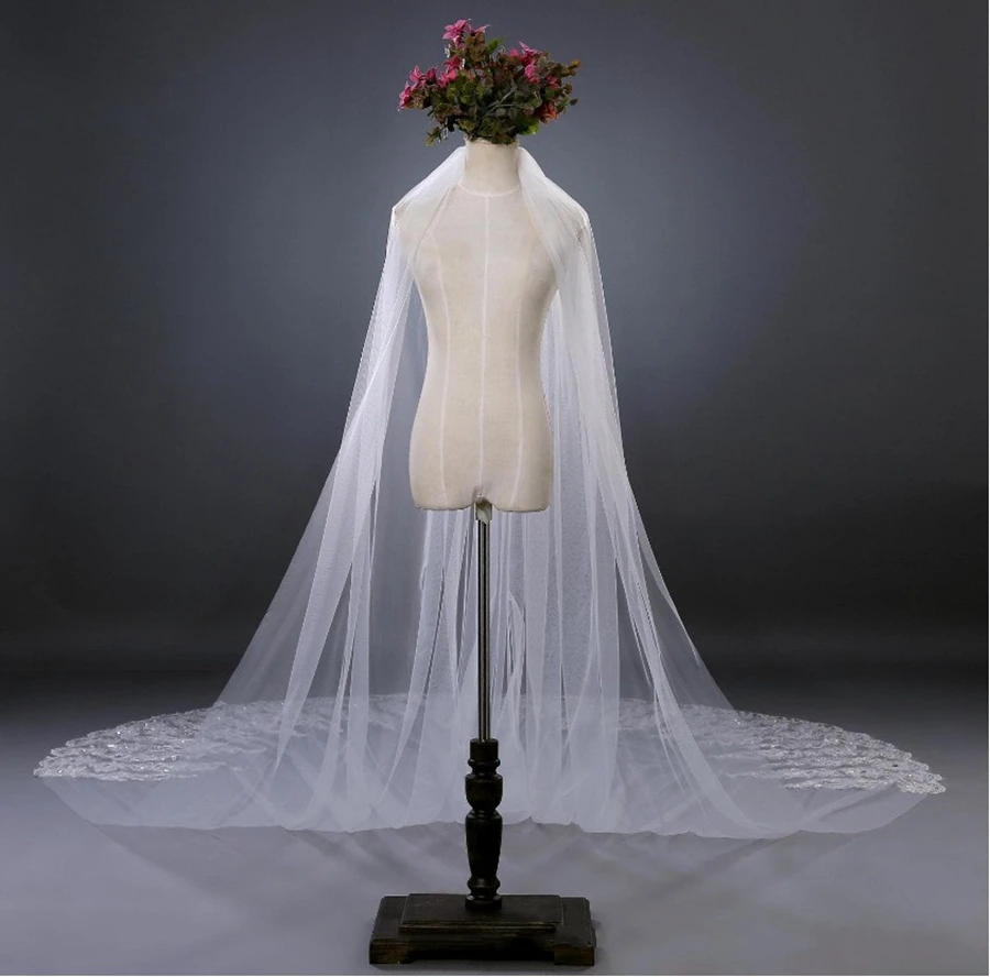 New Arrival White Ivory Cathedral Wedding Veils Lace Beaded Bride wedding accessories boda Bridal Veils velos de novia Mariage