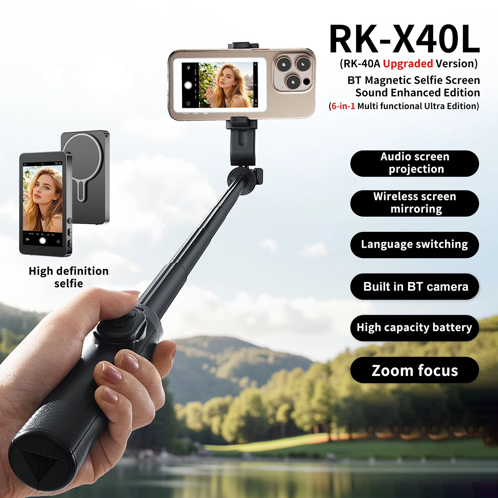 Magnetic Wireless Selfie Monitor Screen 4in 2000mAh Phone Rear Camera Live Streaming Video Recording W/Zoom Focus For SmartPhone