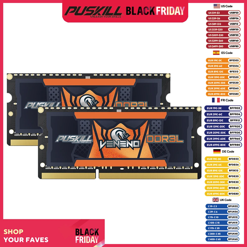 PUSKILL-Memória RAM do portátil, DDR3L, 8GB, 1600MHz, 2x8GB, 1.35V, 204pin, Sodimm para o caderno