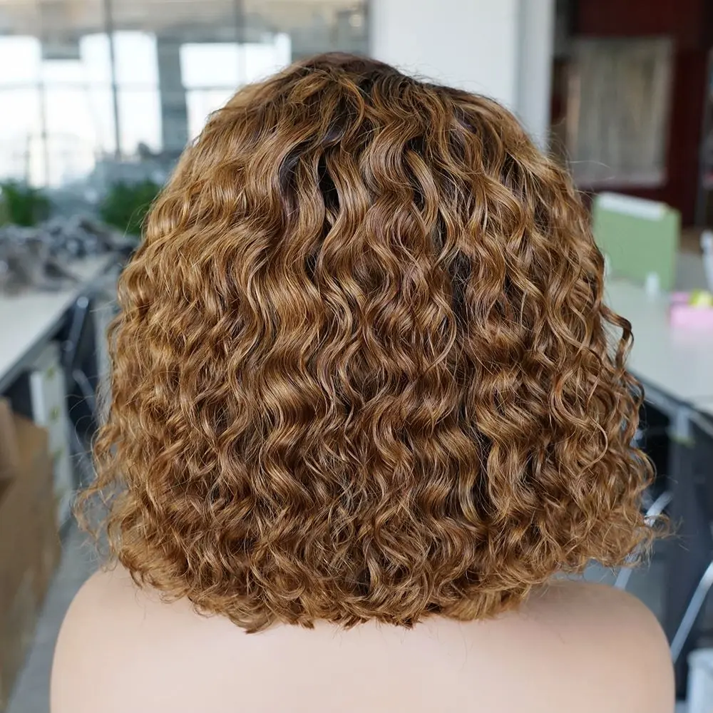 T430 ombre marrom curto encaracolado bob peruca 13x4 laço frontal peruca de cabelo humano onda profunda bob peruca preplucked cabelo remy brasileiro