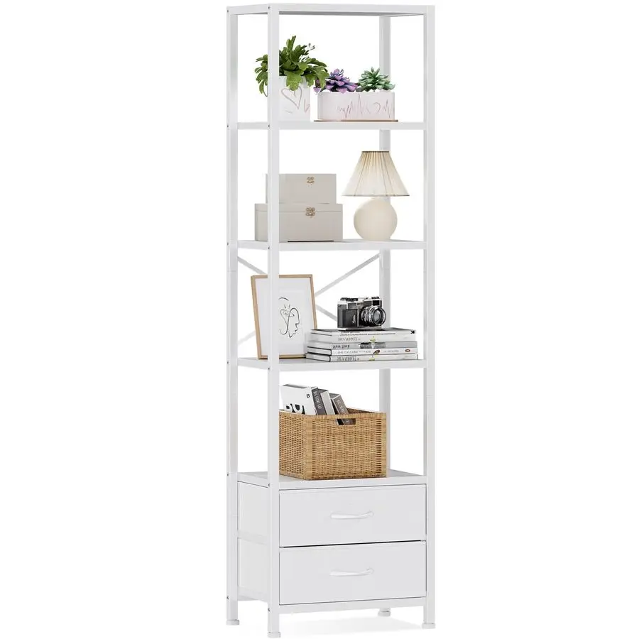 

5Tier Corner Shelf, Narrow Bookshelf with 2 Storage Drawers, Tall Bookcase, Wood Display Standing Shelf Organizer Unit for Livin