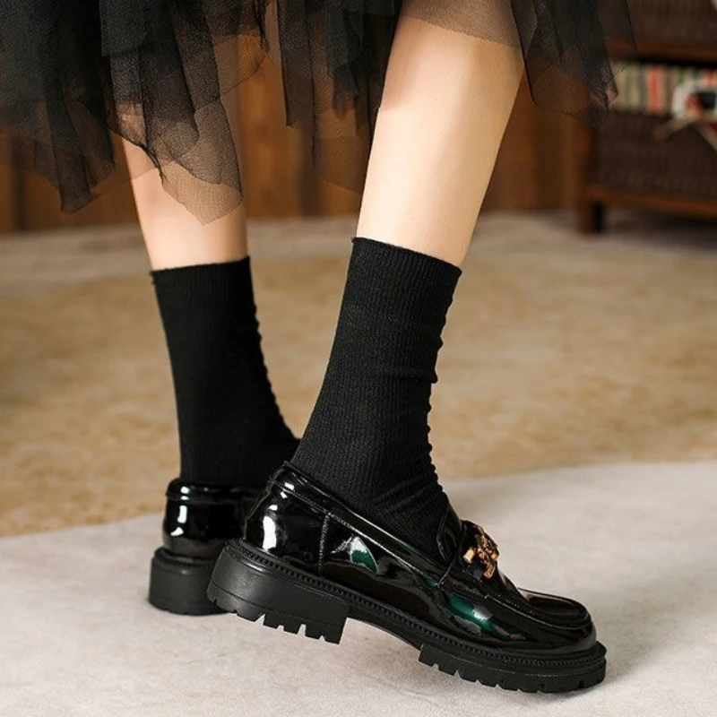 

Patent Leather Mary Janes Loafers British Style Platform Wedge Height Increasing Thick Sole Chunky Chain Strap New Spring Shoes