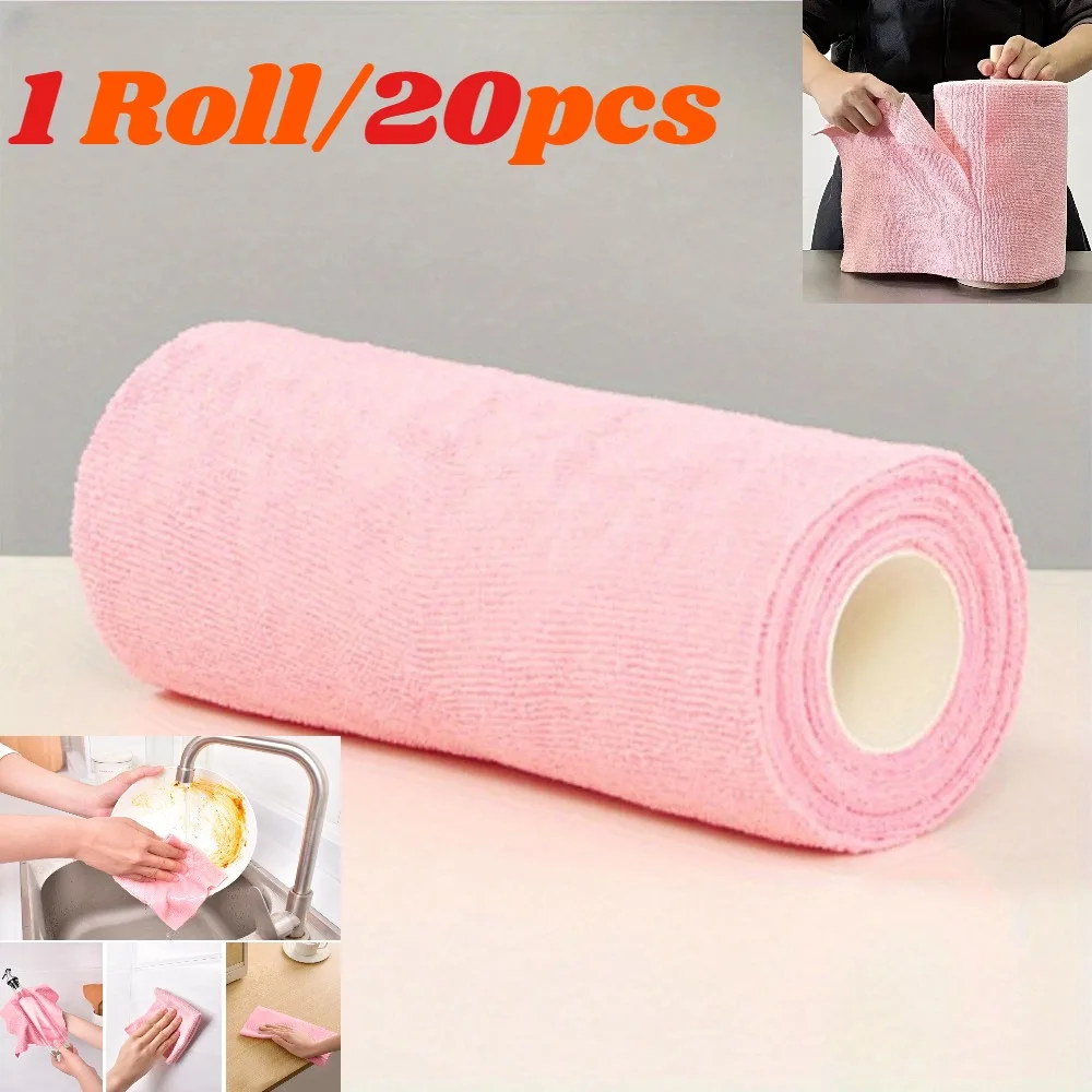 1 rollo/20 piezas de toallitas de limpieza de microfibra reutilizables: toallas de cocina de alta absorción, duraderas y lavables a máquina para platos y utensilios